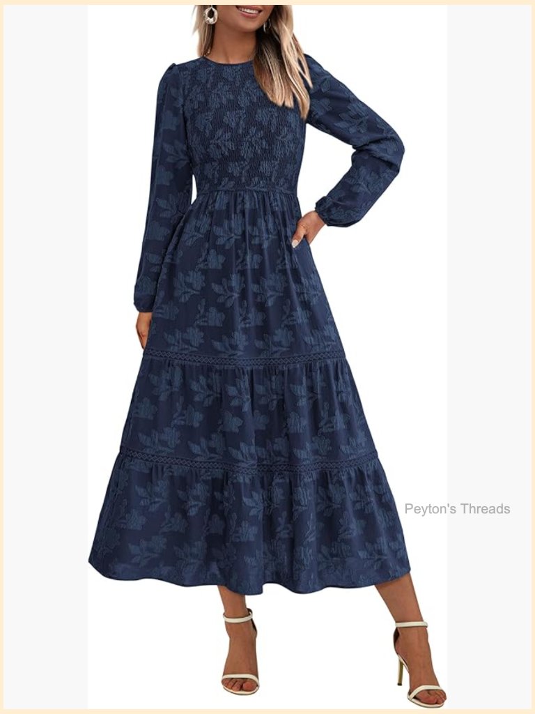 Long Sleeve Smocked Midi Dress With Pockets Flowy Wedding Guest